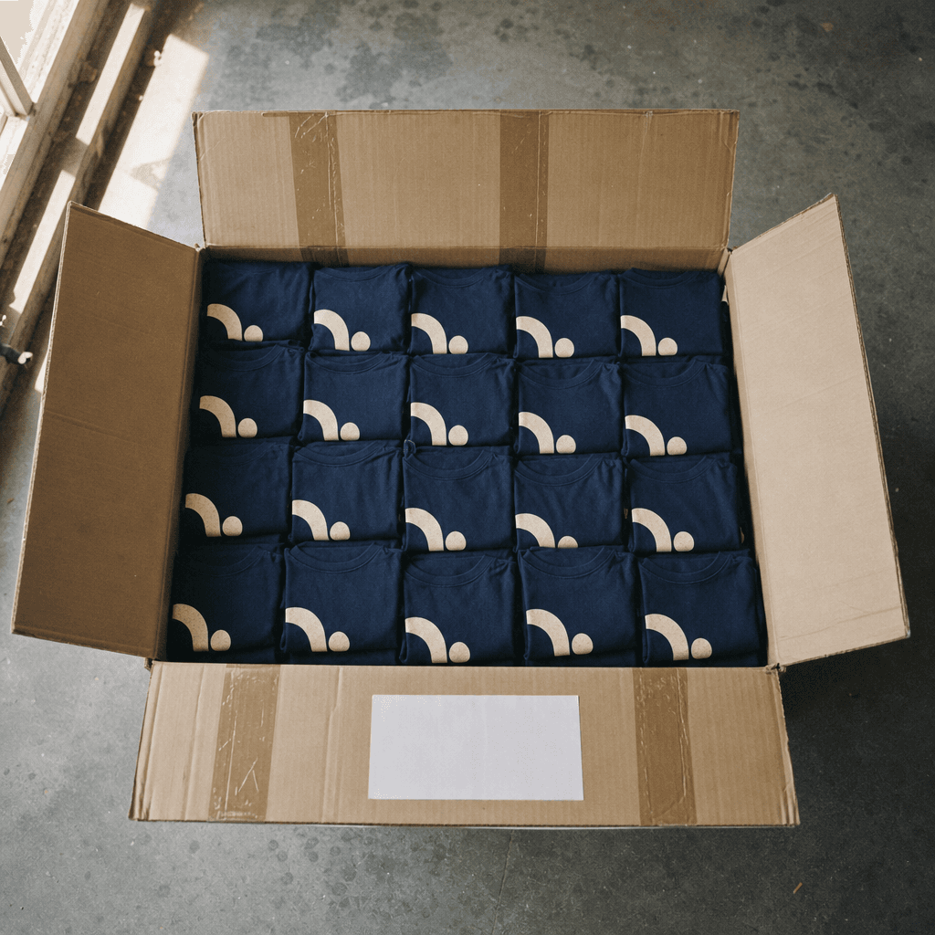 Un carton ouvert, vingt t-shirts bleu marine pliés et imprimés, prêts à partir