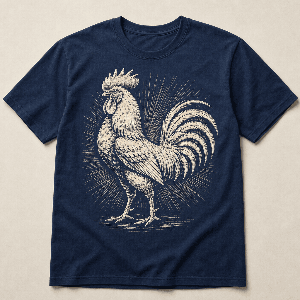 T-shirt bleu marine, visuel gravé d'un coq de profil