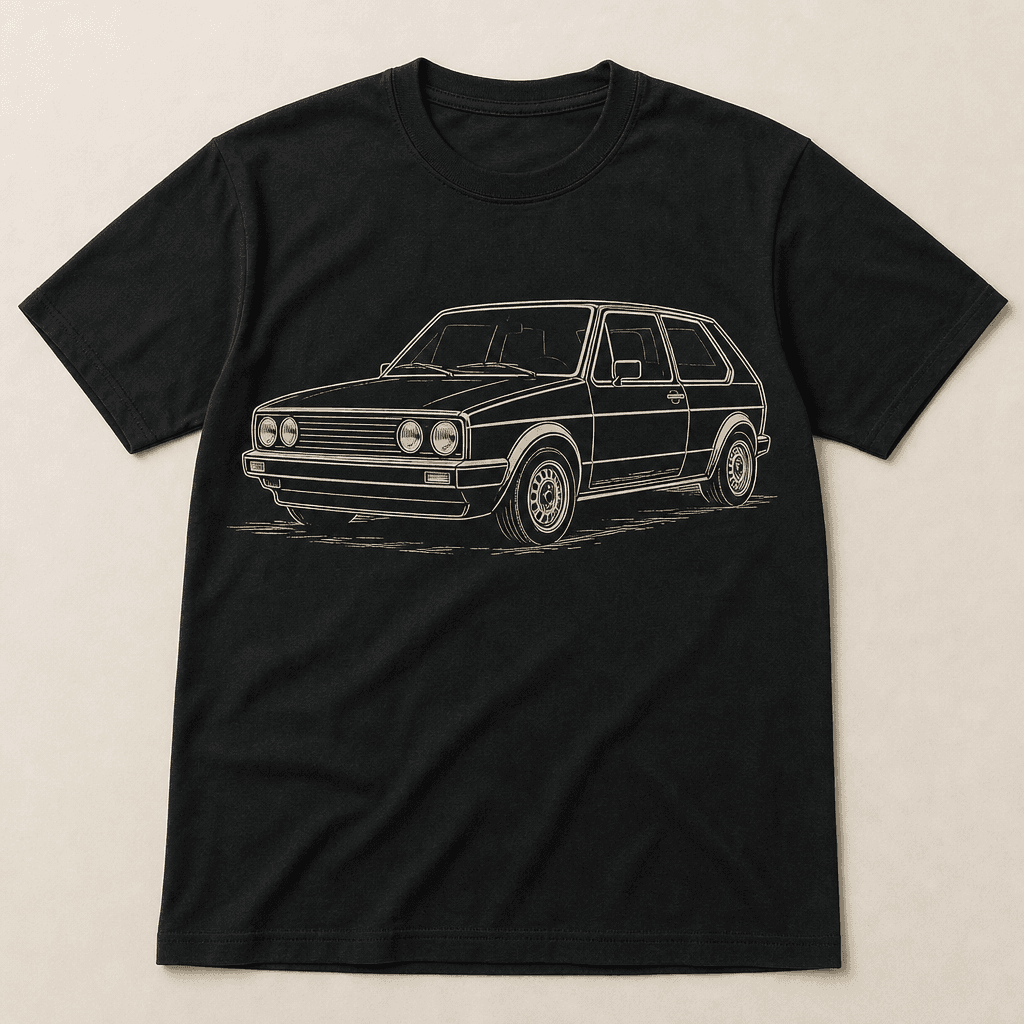 T-shirt noir, visuel au trait d'un youngtimer trois quarts avant